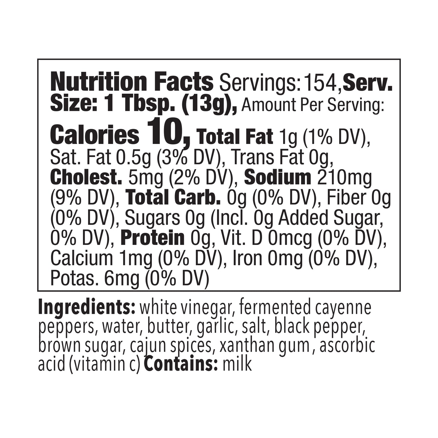 
                  
                    Nutrition facts and ingredient panel for Blonde Beard’s Black Magic buffalo wing sauce half gallon.
                  
                