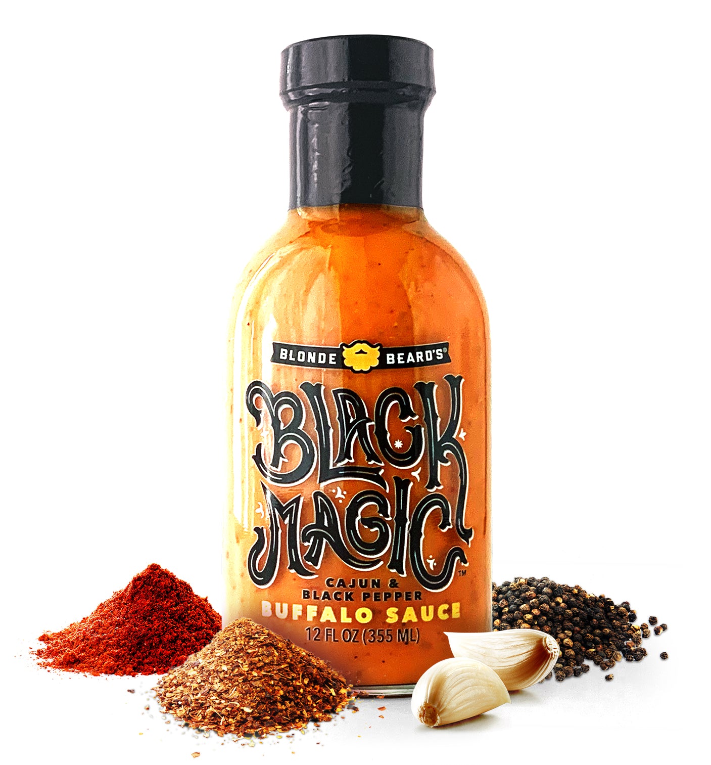 
                  
                    Bottle of Blonde Beard’s Black Magic buffalo wing sauce styled with fresh ingredients.

                  
                