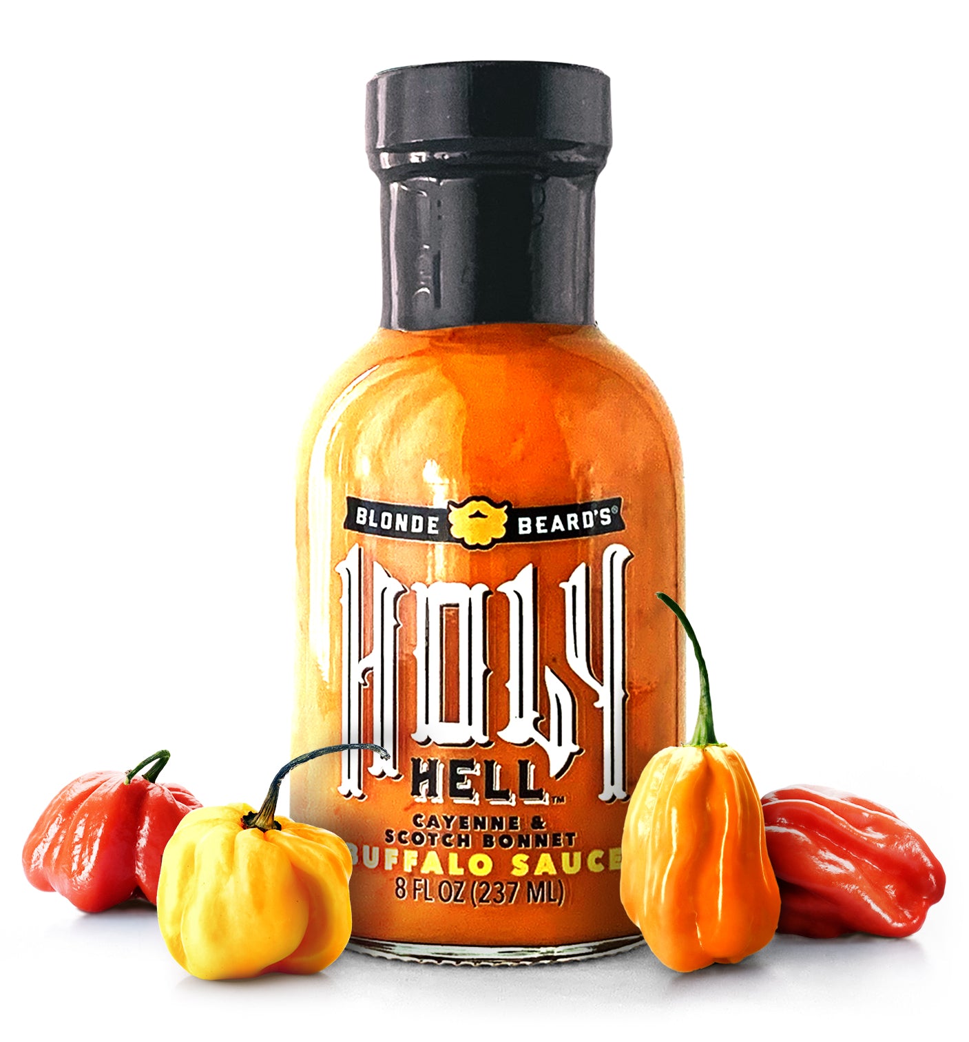 Bottle of Blonde Beard’s Holy Hell buffalo wing sauce styled with Scotch bonnet peppers.