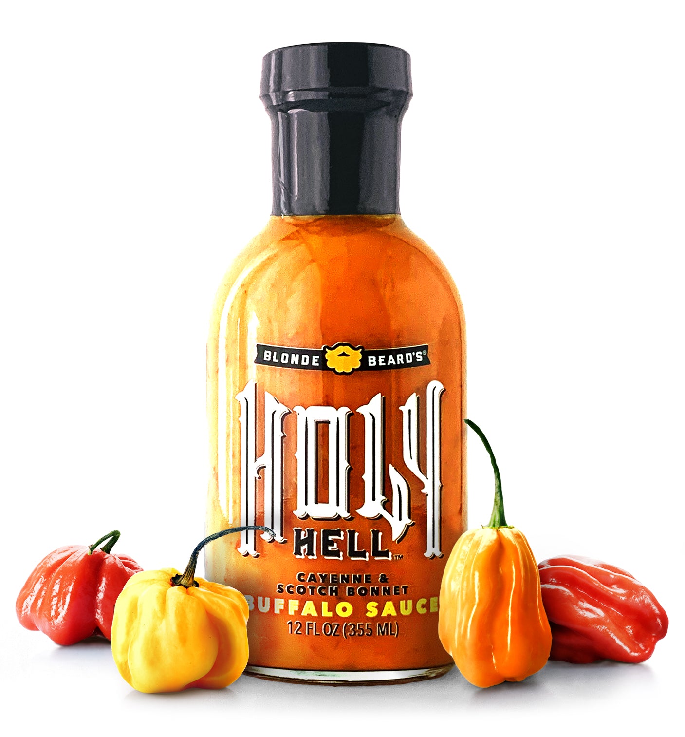 
                  
                    Bottle of Blonde Beard’s Holy Hell buffalo wing sauce styled with Scotch bonnet peppers.

                  
                