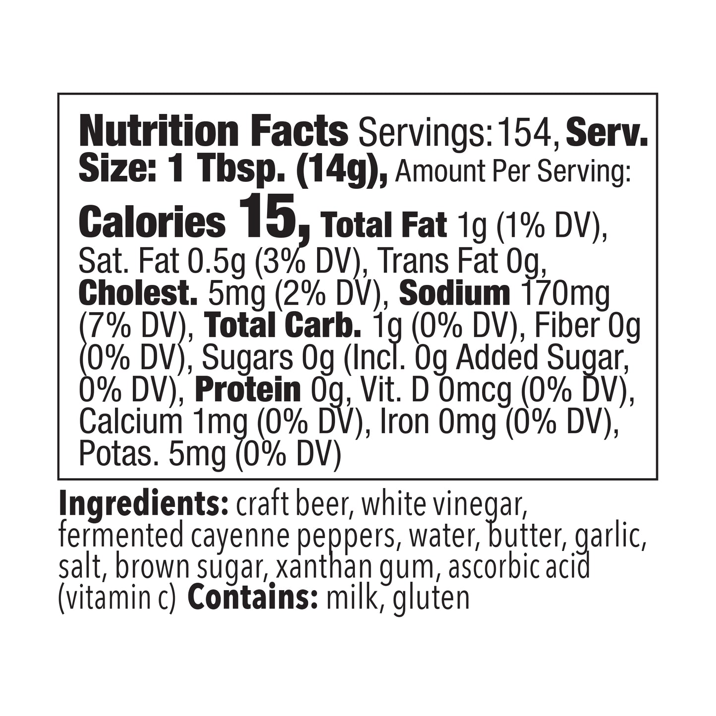 
                  
                    Nutrition facts and ingredient panel for Blonde Beard’s IPA Buffalo wing sauce half gallon.
                  
                