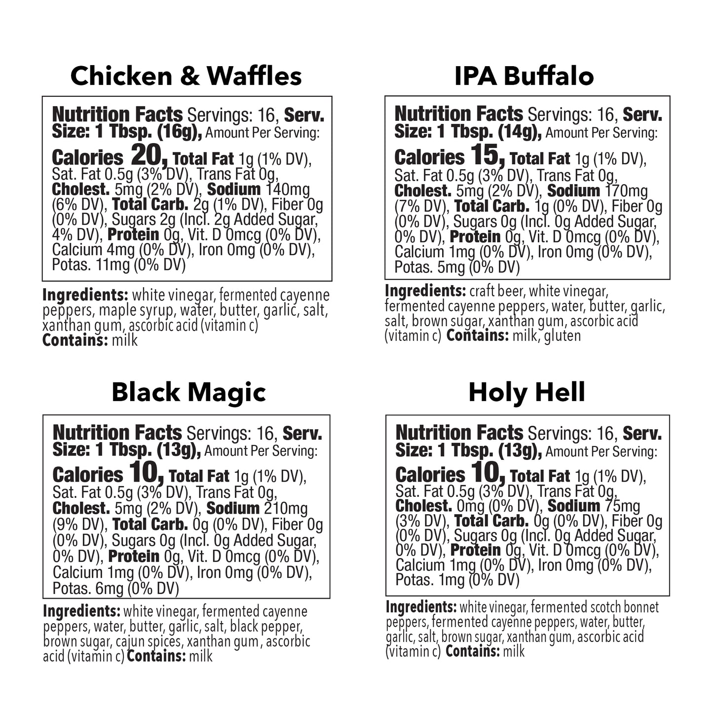Nutrition facts and ingredient panels for Blonde Beard’s Sauce Flight featuring Chicken & Waffles, IPA Buffalo, Black Magic, and Holy Hell buffalo wing sauces.
