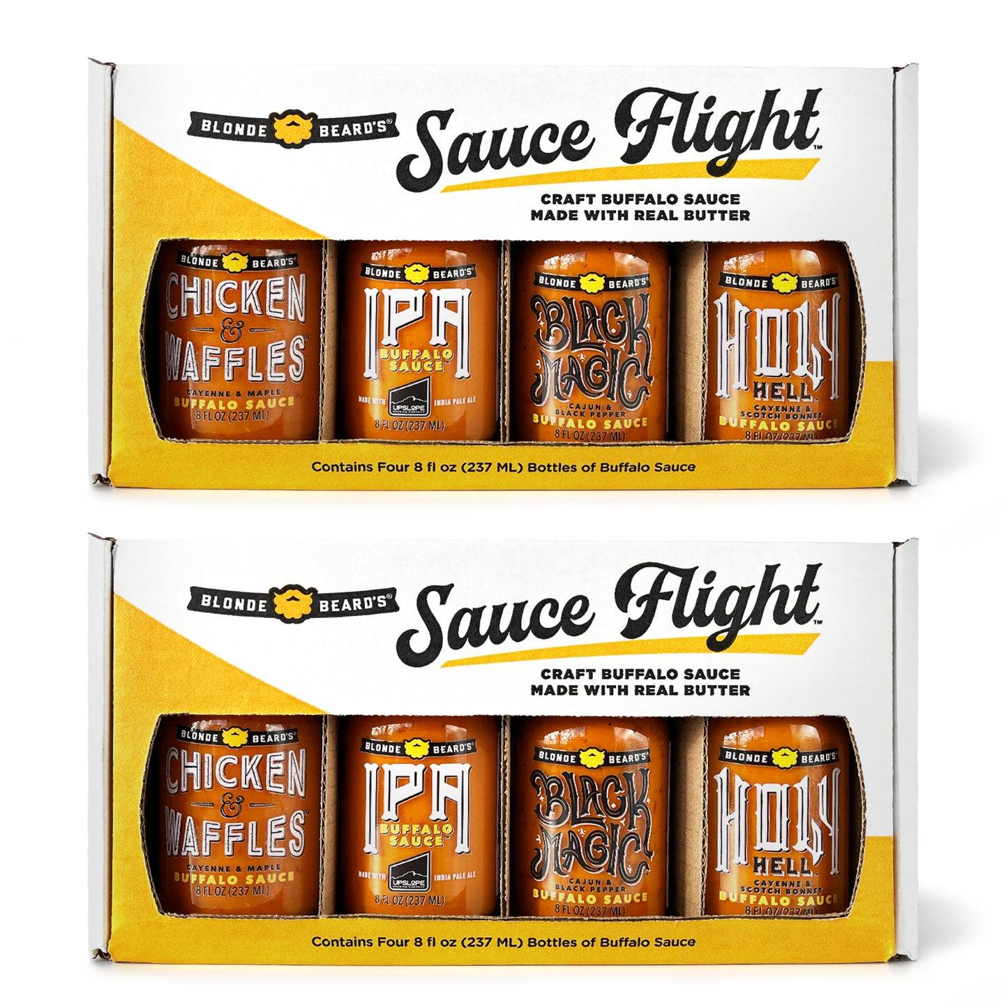 Blonde Beard’s Sauce Fanatic featuring two Sauce Flight gift boxes of craft buffalo wing sauces.