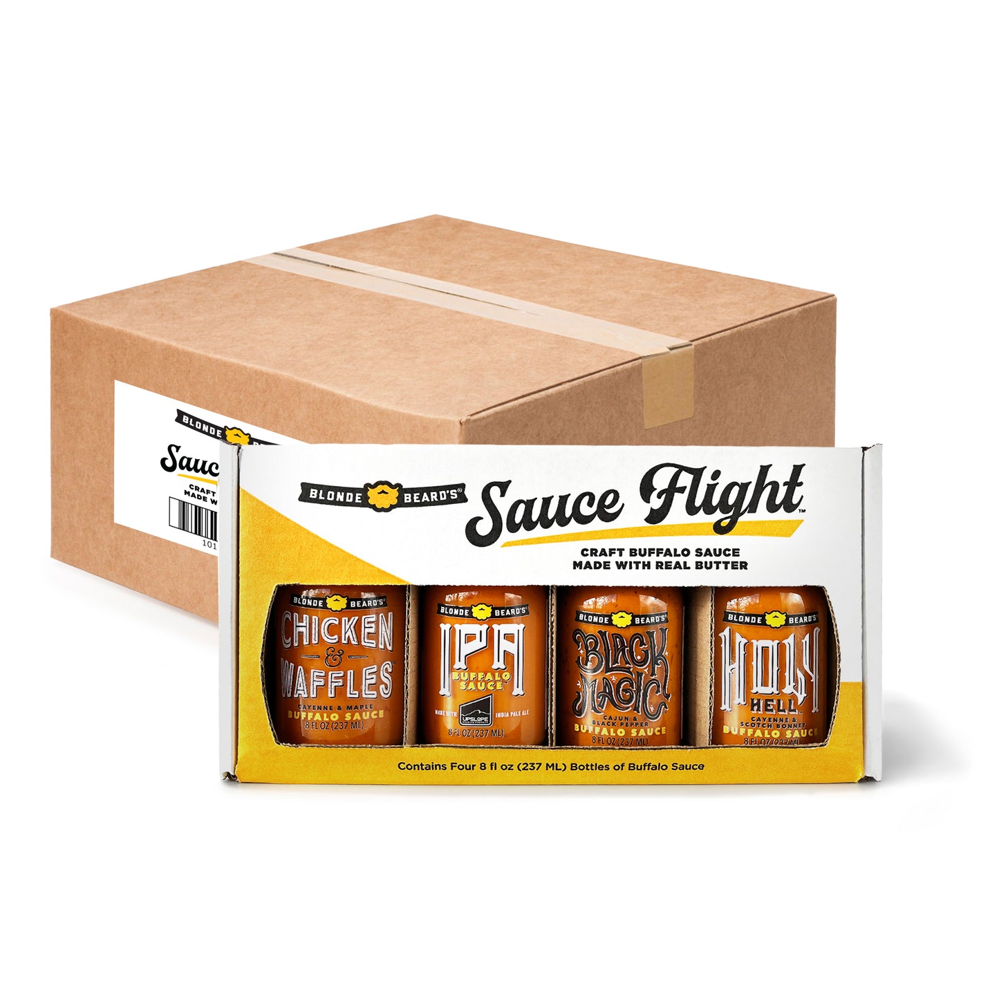 
                  
                    4-pack case of Blonde Beard’s Sauce Flight gift sets featuring four craft buffalo wing sauces.
                  
                