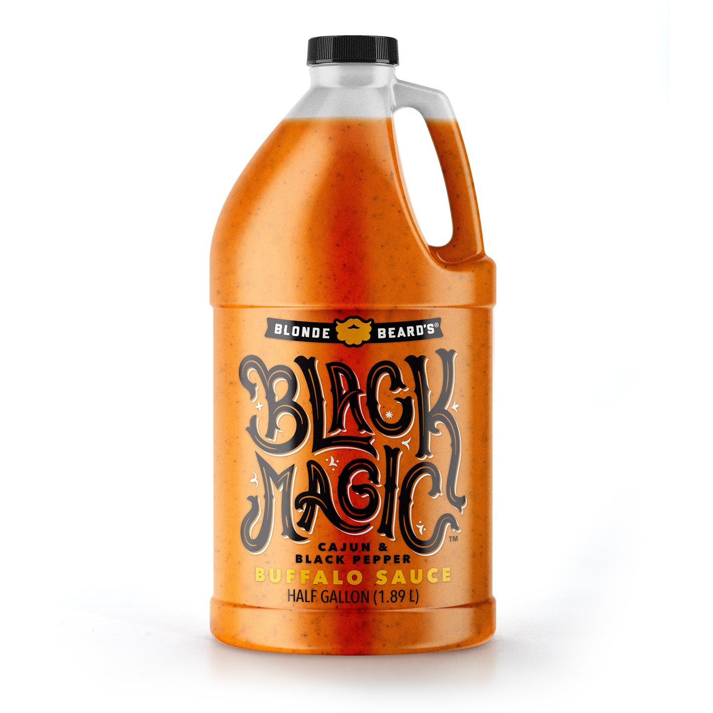 Half gallon jug of Blonde Beard’s Black Magic buffalo wing sauce.