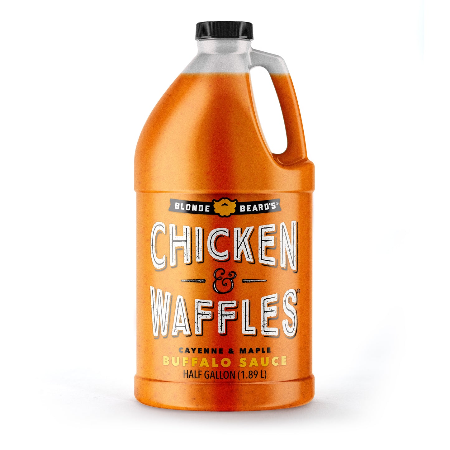Half gallon jug of Blonde Beard’s Chicken & Waffles buffalo wing sauce.