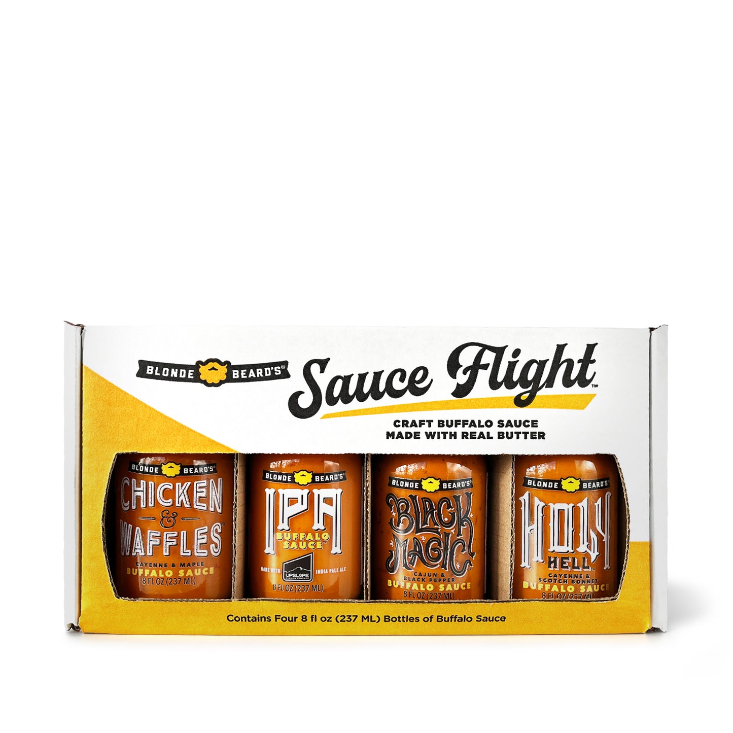 Blonde Beard’s Sauce Flight gift set featuring four craft buffalo wing sauces.